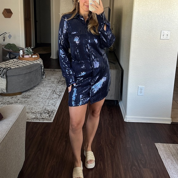 Free People Sophie Sequin Navy Blue Shirt Dress Long Sleeve Disco Dance - size M - Picture 7 of 7